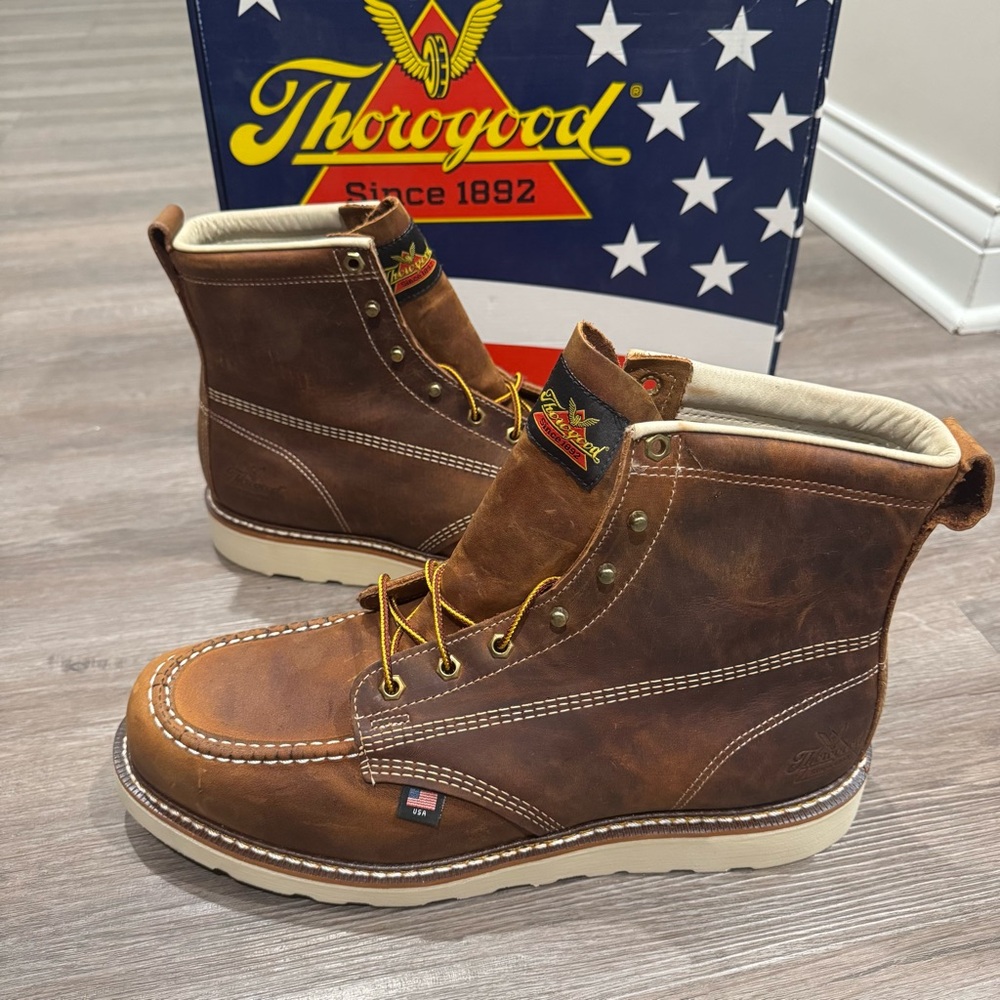Thorogood American Heritage 6” Moc Toe Tobacco Brown Leather Lace Up Boots